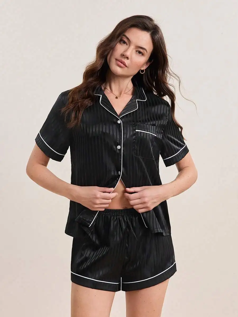

Satin Lapel Collar Contrast Binding Pajama Set Short Sleeve Shorts Summer
