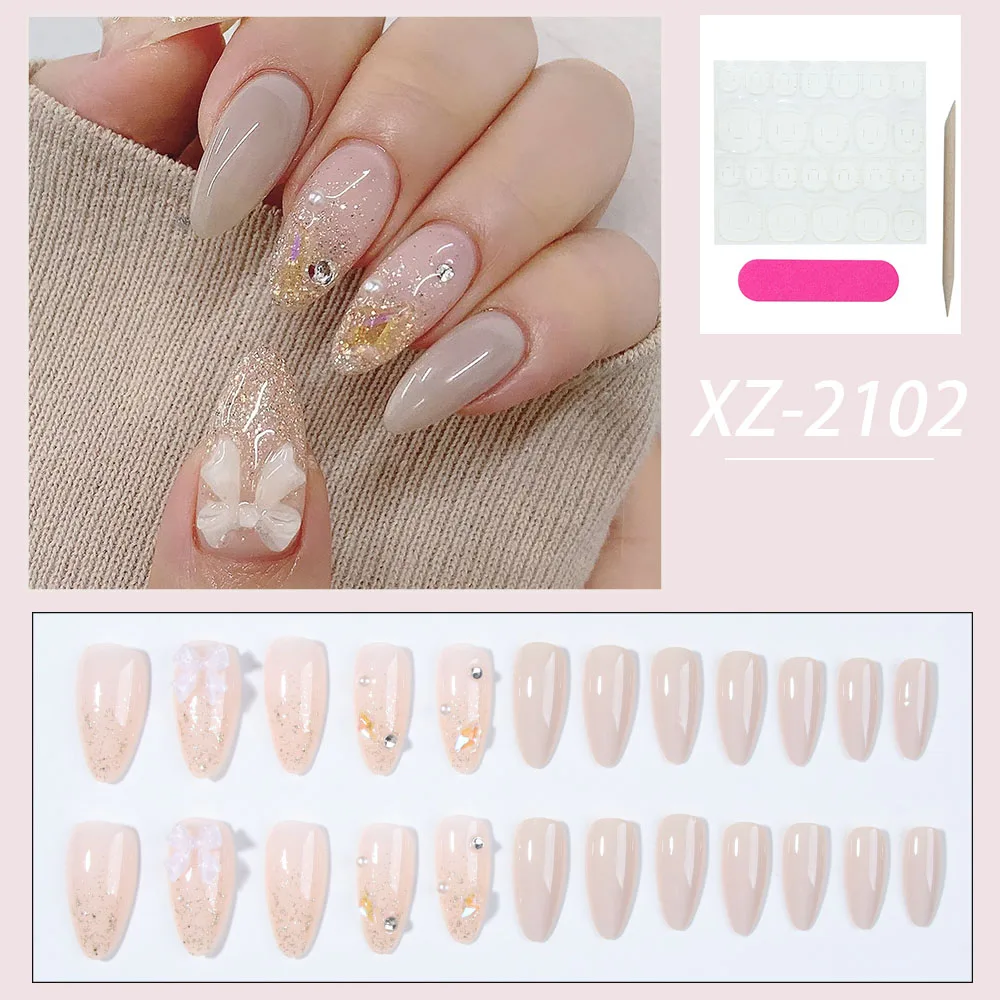 24pcs mid-length almond nail shining powder tip nail detachable reusable press nail nail full coverage design to enhance tempera