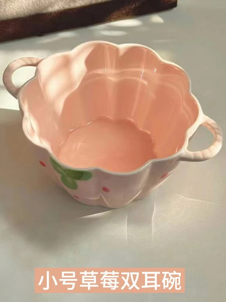 Double ear soup strawberry pink series large capacity household large soup bowl dormitory instant noodle bowl spoon