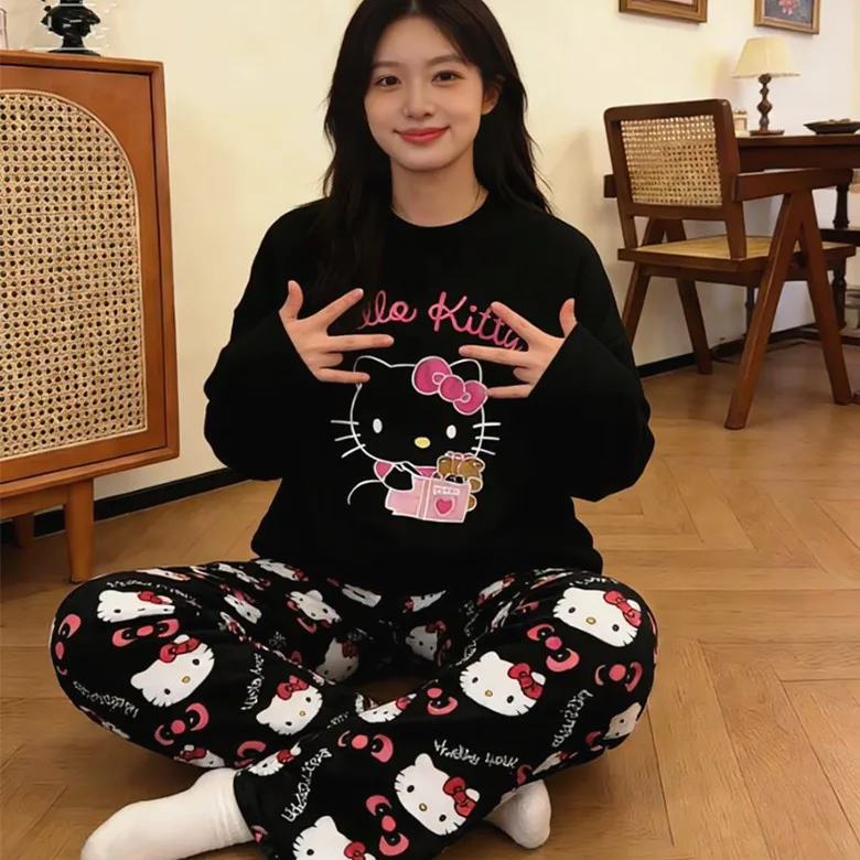 

Популярный комплект женской домашней одежды: милые пижамы Hello Kitty с мультяшным принтом, осенние, с длинными рукавами и брюками