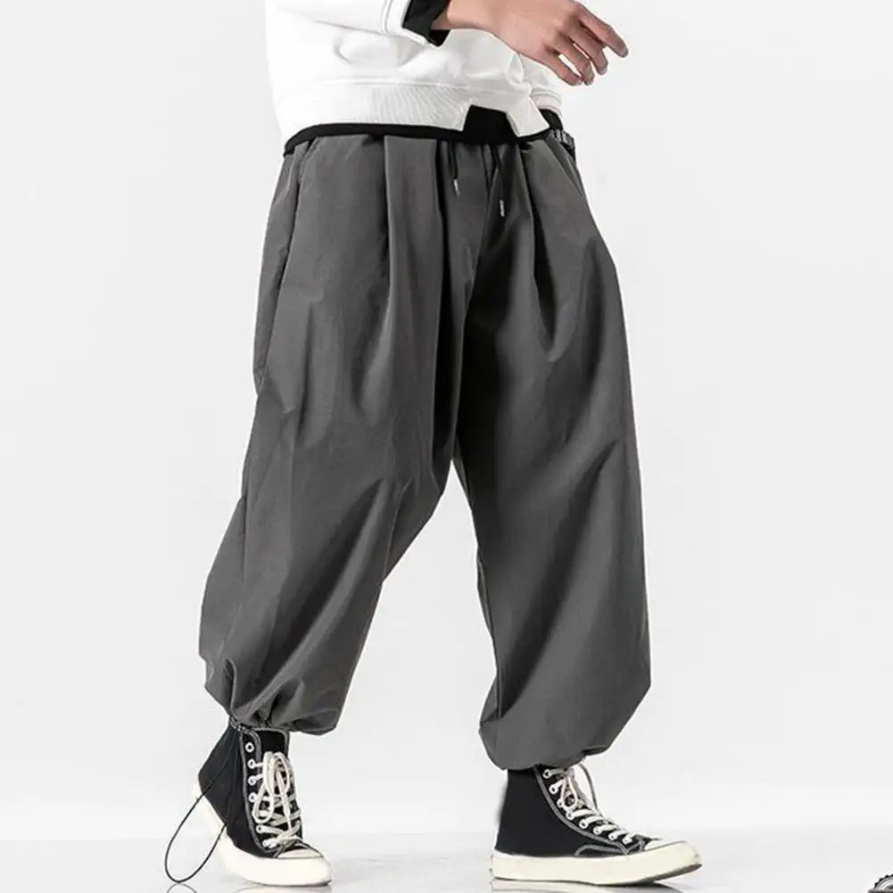 Solid Color Harem Pants Japanese Style Men's Bloomers Loose Fit Harem Pants with Drawstring Waist Ankle Bands Soft for Hip