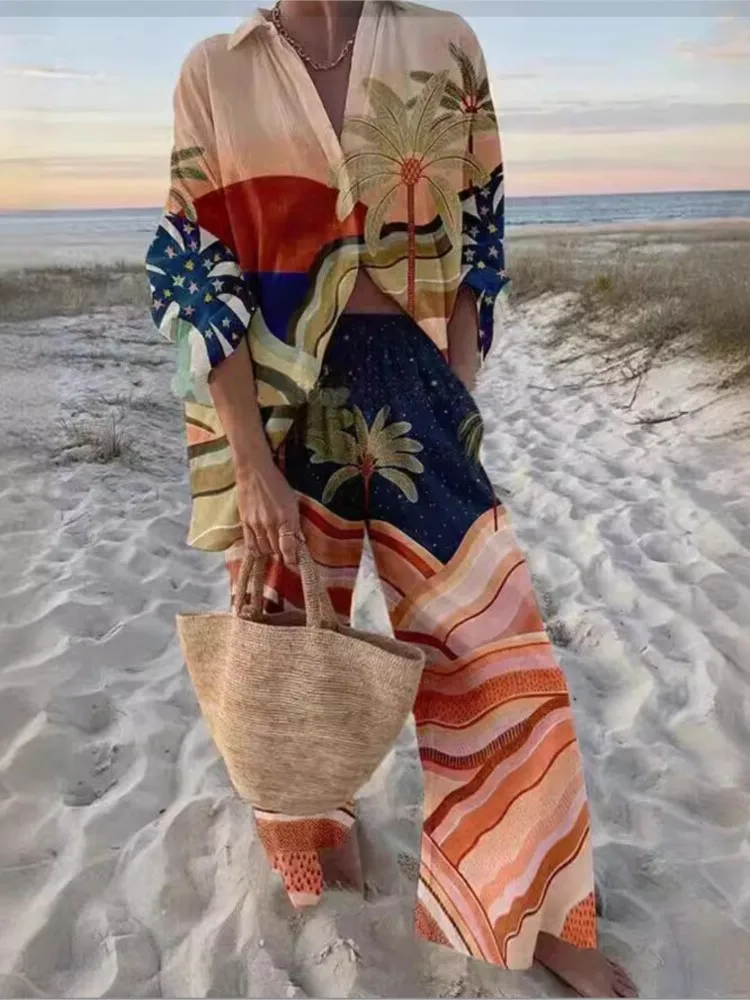 

Fashion 3D Digital Printed Women's Spring Autumn Long Sleeved Single Breasted Shirt+wide Leg Casual Pants Two-piece Set