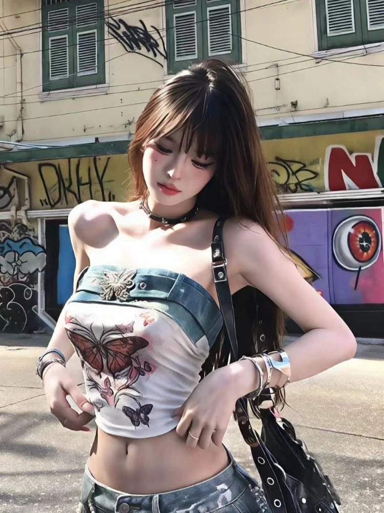 

Y2K Aesthetic Denim Patchwork Tank Top Women Vintage Sexy Butterfly Printing Fairy Vest Harajuku Gothic Punk Cropped Camisole
