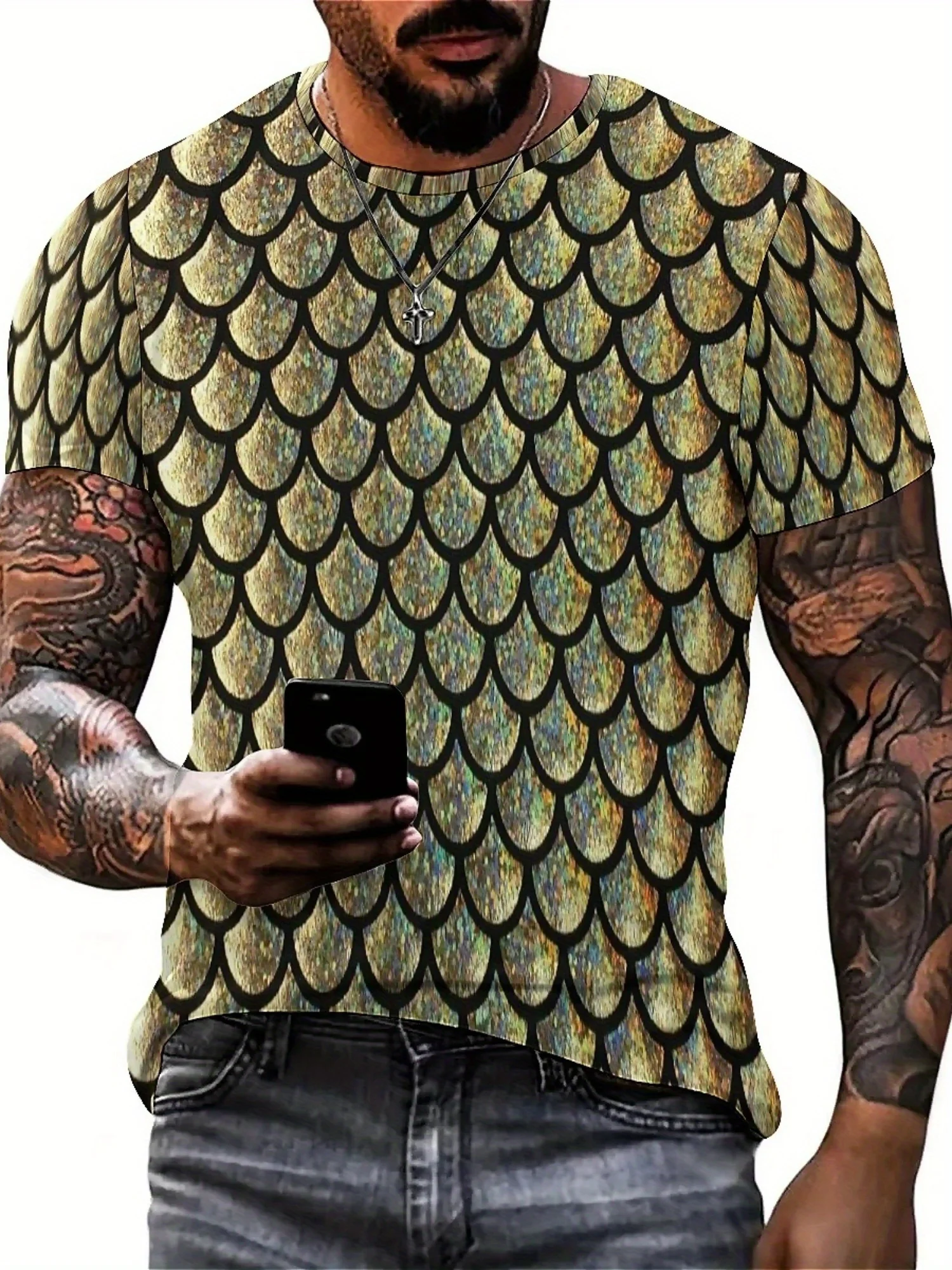 Men's Crew Neck Tee 3D Gold Mermaid Scale Texture Full Print Casual Tops