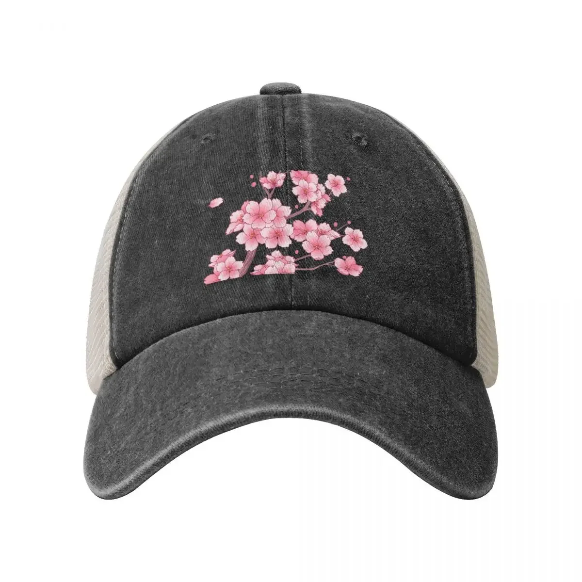 Falling Pink Sakura Cherry Blossom branches on white Baseball Cap black Luxury Man Hat Golf Hat Man Men Women's