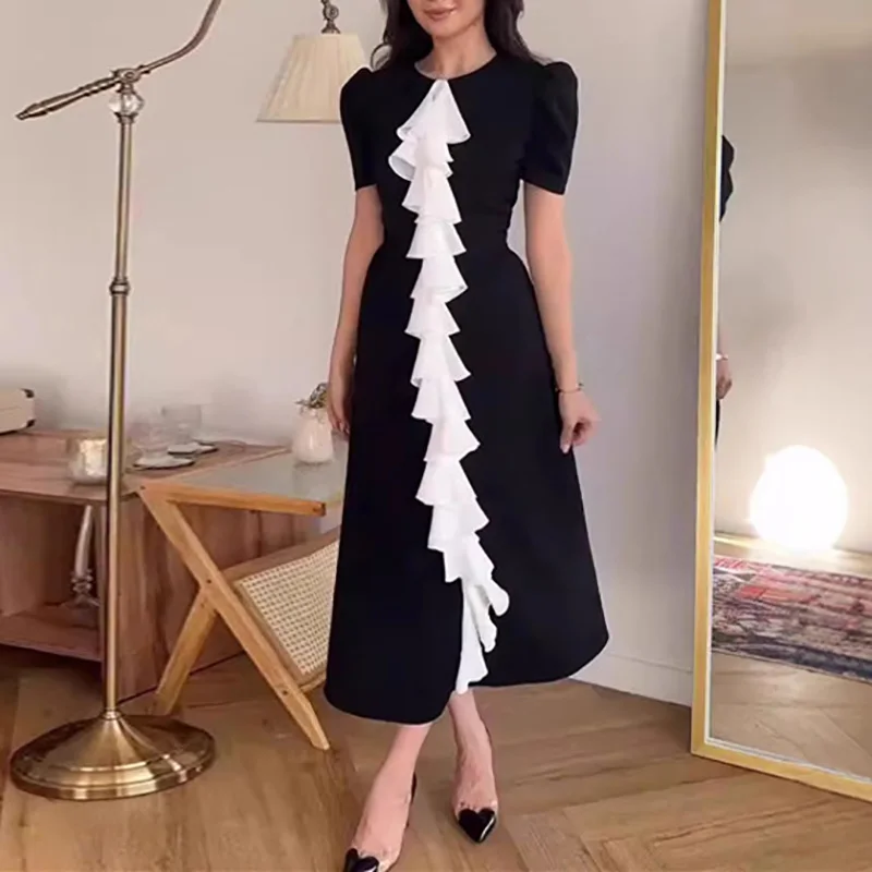 エレガントな O ネックカラーブロックロングドレス女性カジュアルバブルスリーブスリムフィットパーティードレスファッションハイトウエスト固体通勤ドレス