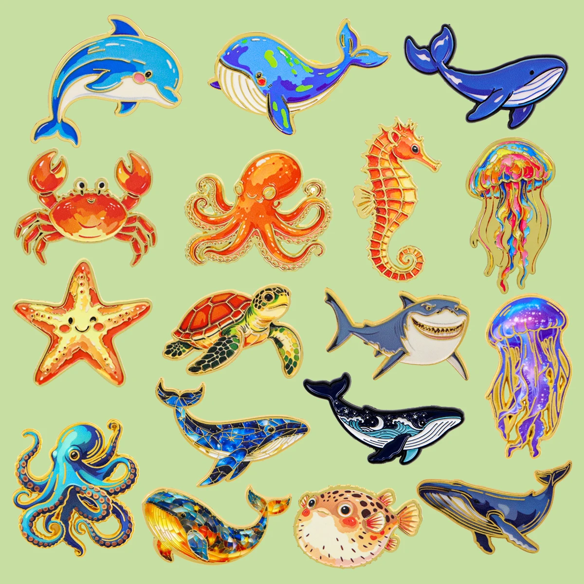 Marine Animals Dolphins Whales Enamel Pin Cute Jellyfish Crab Starfish Turtle Brooch Lapel For Backpack Hat Badges Jewelry Gifts