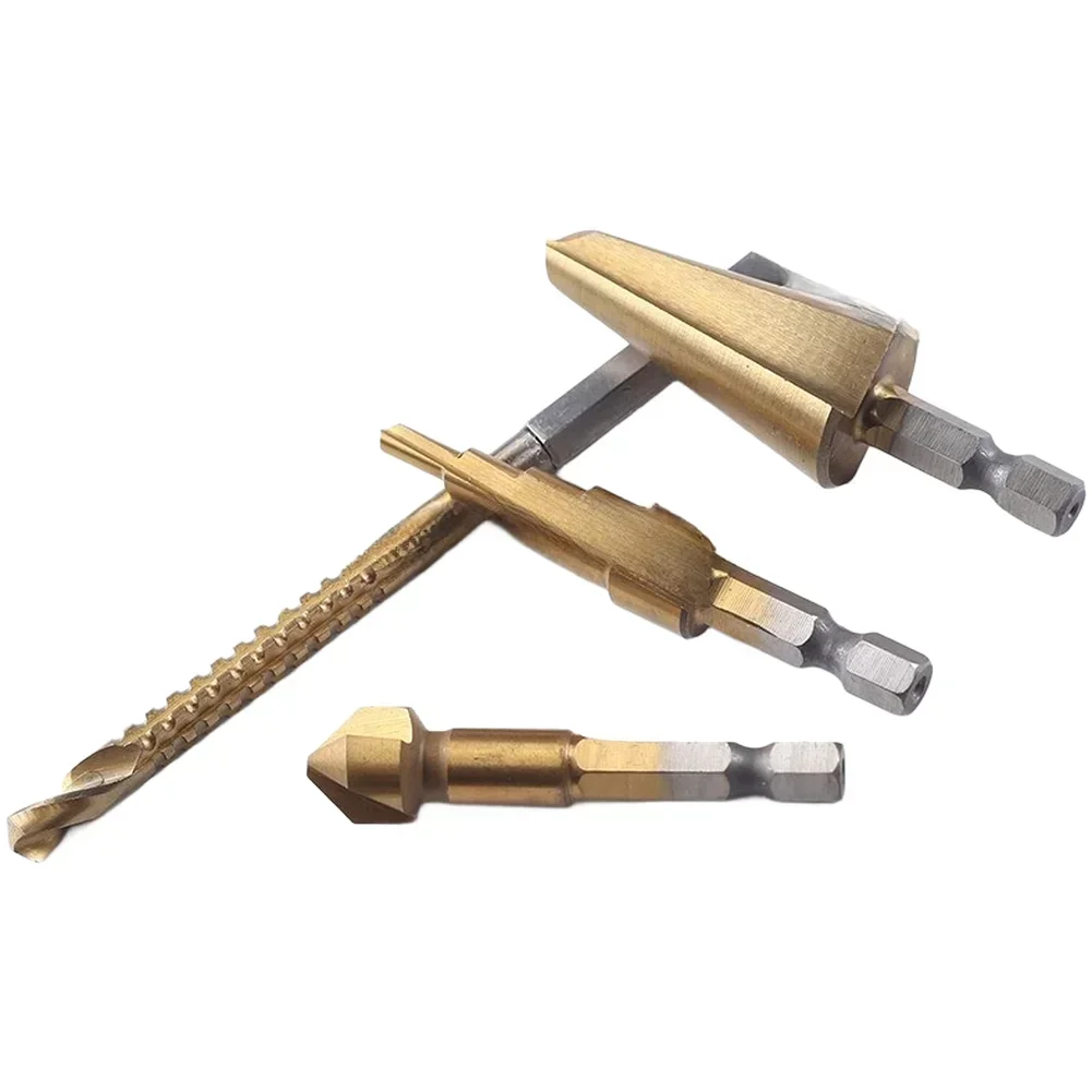 

4pcs Hex Shank Drill Bit Set 4-12mm Step Drill 8-20mm Cone Drill Countersink Drill Pyramid Drill Set Woodworking Hole Opener