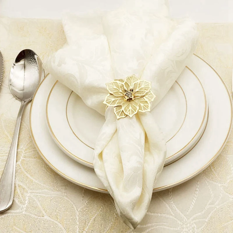 10Pcs Flower Design Napkin Rings Metal Gold Napkin Buckle Napkin Ring Holder & 6Pcs Christmas Wreath Napkin Rings