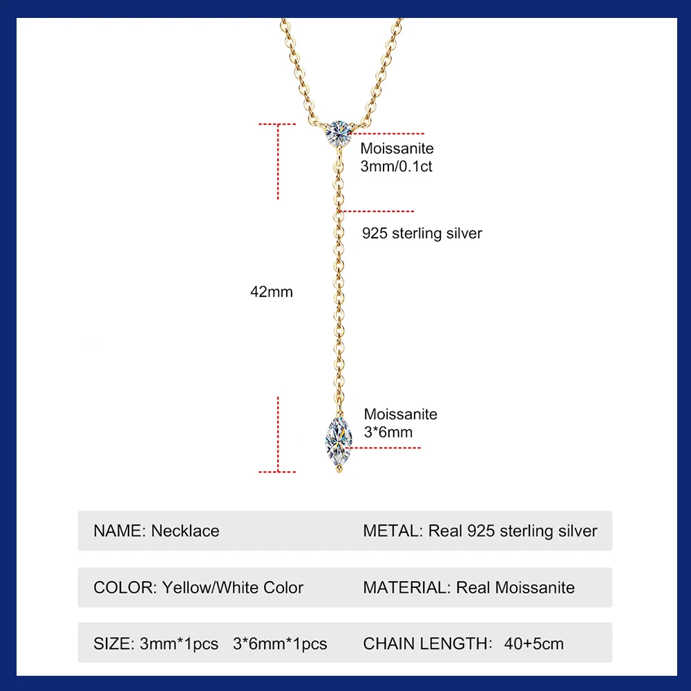 S925 Silver Marquise Moissanite Necklace for Women Y Shape Pendant Lab Diamond Lariat Neckchain Bridal Drop Necklace Wholesale
