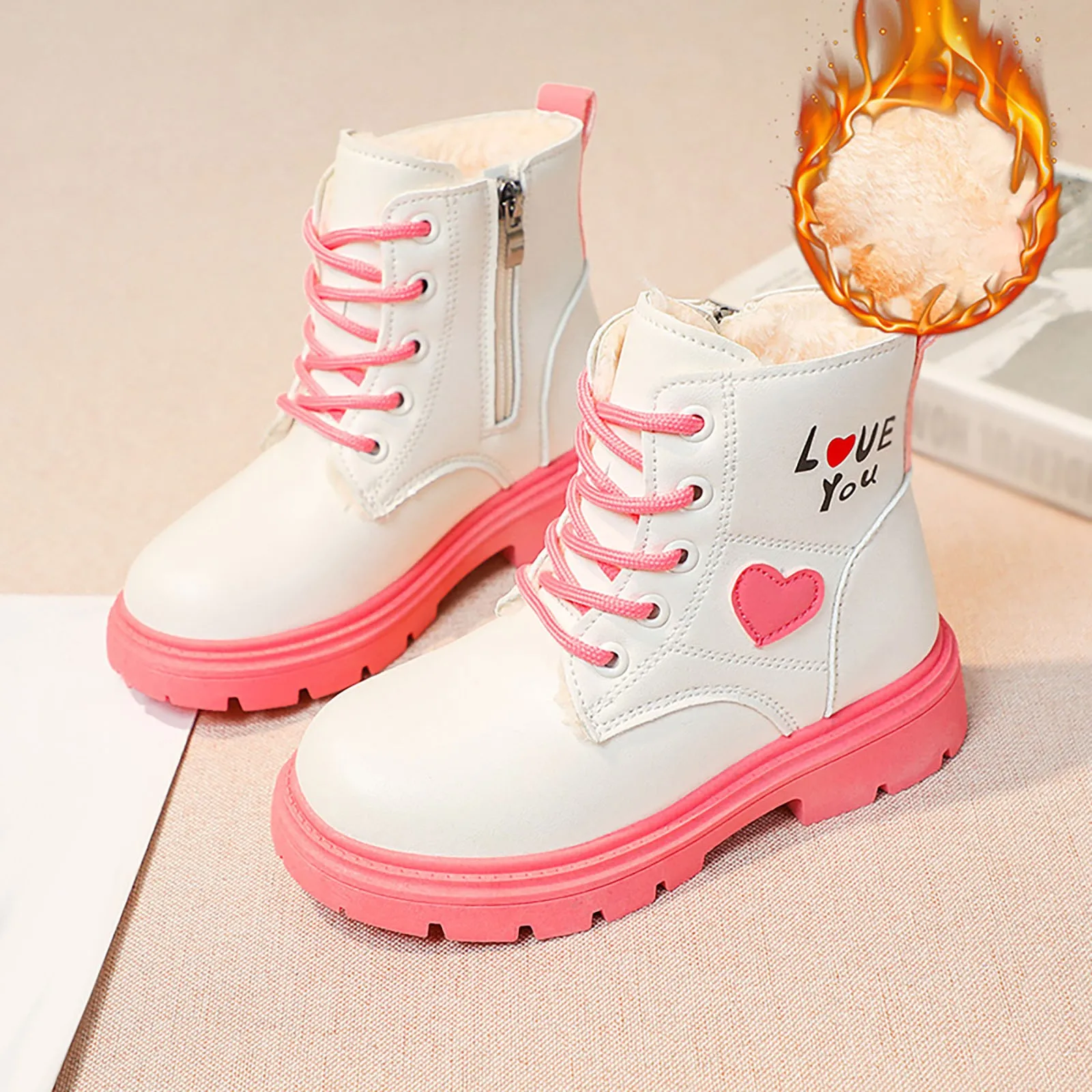 Winter Girls Ankle Boots Fashion Princess PU Leather Rubber Outsole Children's Short Boots Autumn Zipper Pink with Love Heart