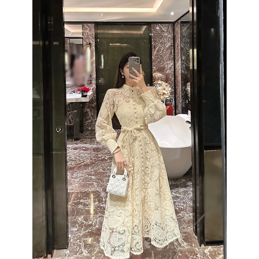 

French High-end Temperament Goddess Model Women's Dress 2024 Fashion Senior Sense of Heavy Crochet Hollowing Lace Women Dresses