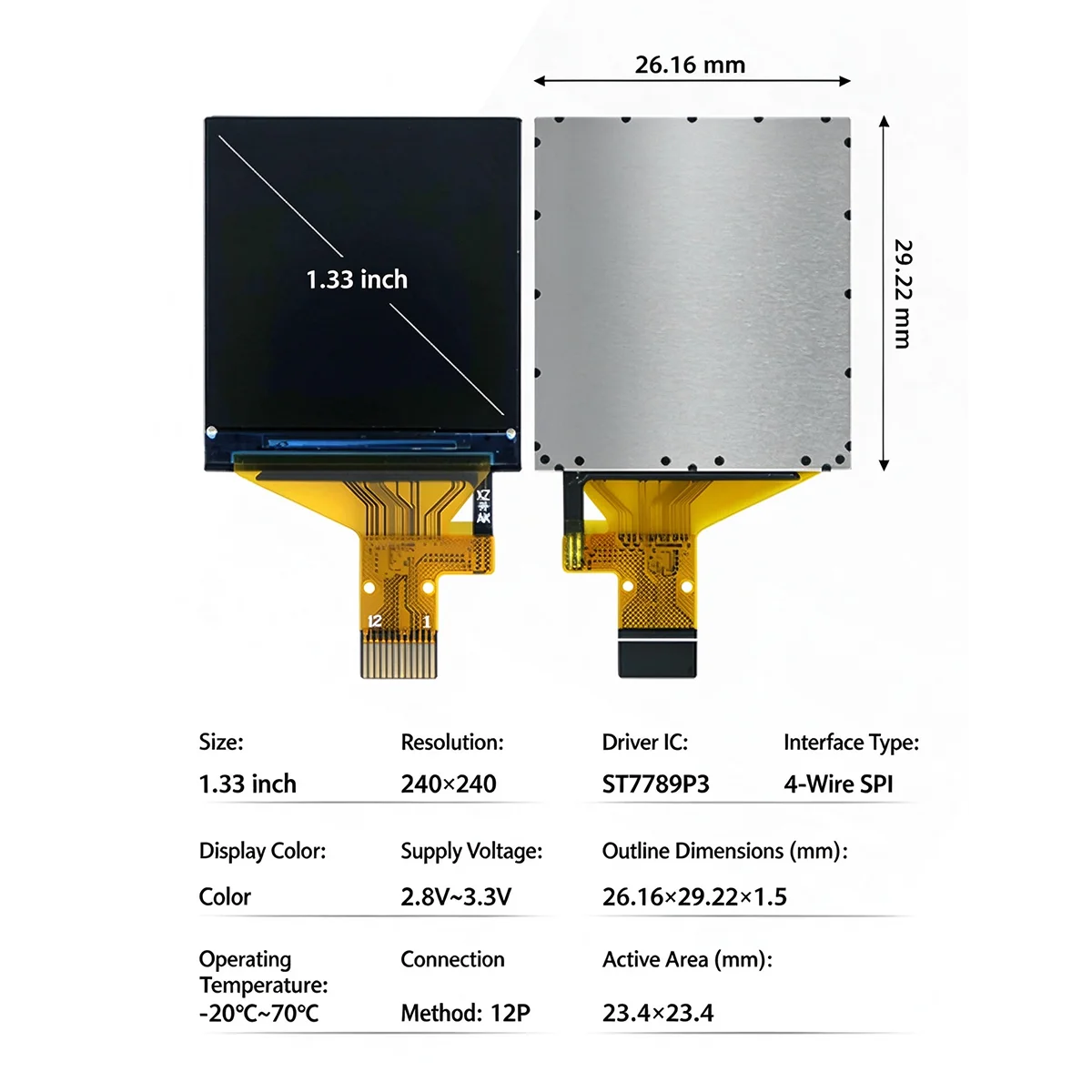 1.33 Inch TFT LCD Display Module 240 X 240 ST7789P3 4-Wire SPI 12P Plug-in Color Screen 26.16 X 29.22mm M135