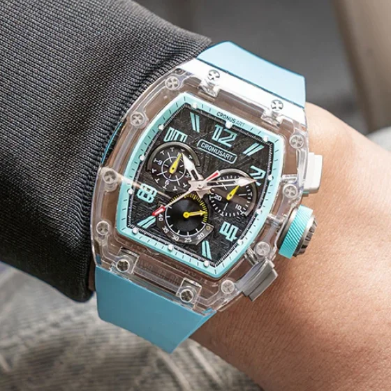 CRONUSART Men Chronograph Watch Tonneau 50mm Automatic Mechanical Wristwatch Sapphire Case & Mirror Luminous Meteorite Dial