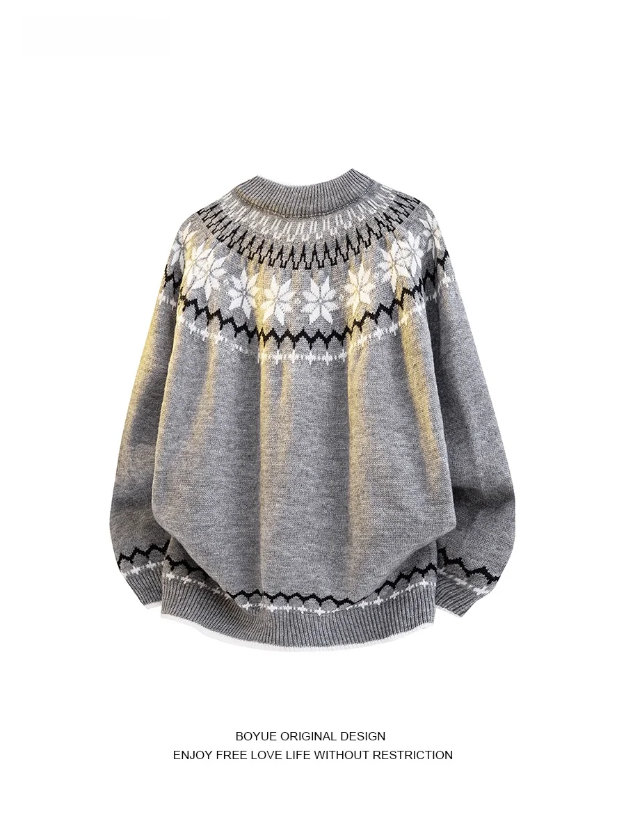 

Вязаный свитер Cisas Snowflake Fair Isle с круглым вырезом, повседневный теплый зимний топ для пар, удлиненный вязаный свитер с длинными рукавами