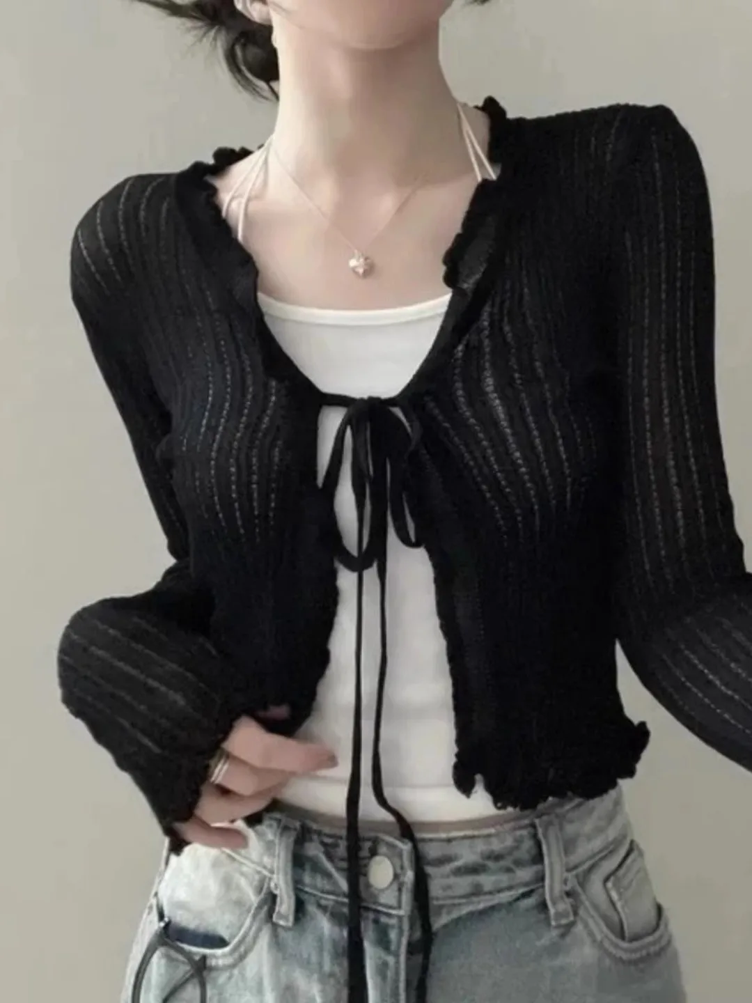 تكدرت تقليم التعادل الجبهة طويلة الأكمام المحاصيل الأعلى المرأة طويلة الأكمام مفتوحة الجبهة مضلع سترة متماسكة سترة الصيف Fairycore الزي