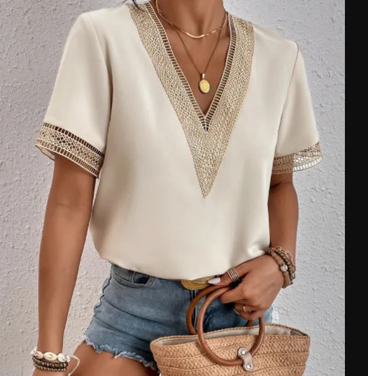 

2023 Hollow Deep V-Neck Lace Loose Top Temperament Commuter Short Sleeve Solid Simple Shirt Women's British Style