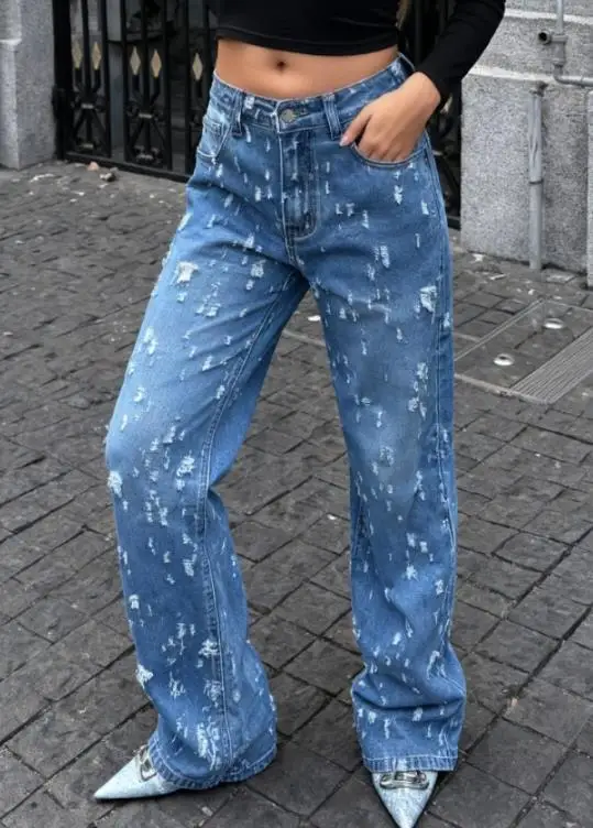 Women's Ripped Jeans Straight Tube Millennium Style Street Trendy Jeans Daily Casual Female Fashion Loose Versatile Denim Pants