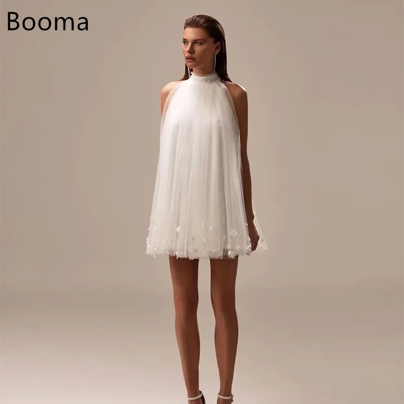 

Booma Simple Sleeveless Flowers A-line Tulle Wedding Dresses Pleat Mini Short Brides Gown Custom Made 2025