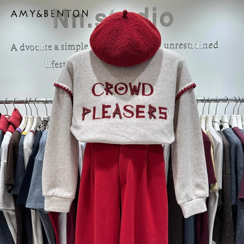 

Зимняя толстовка с круглым вырезом на флисовой подкладке для женщин, новинка 2025 года, свободный топ с бисером для тяжелой промышленности, утолщенный пуловер, толстовки, куртка