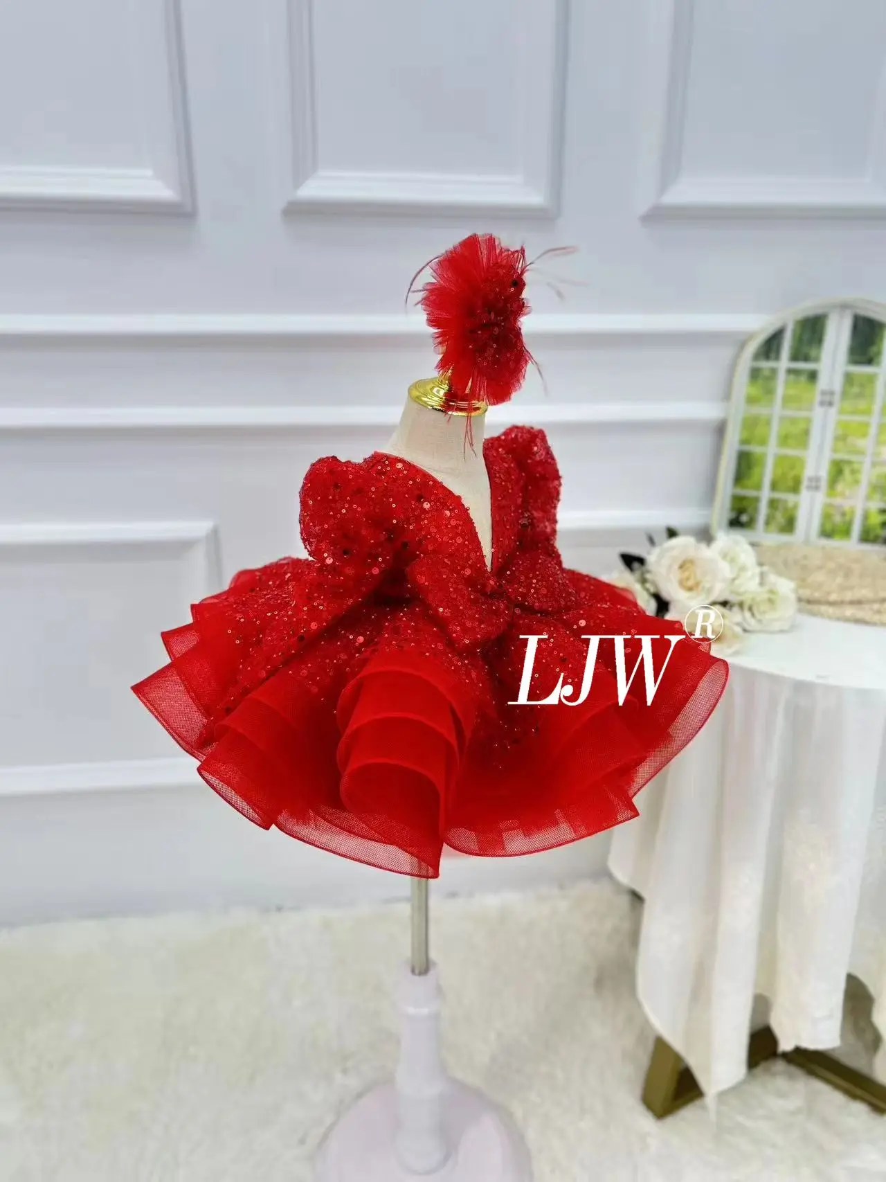

Red sequin Princess Flower Girl Dresses V-neck long sleeved Wedding Party Birthday Ball Gowns formal first time girl Christmas c