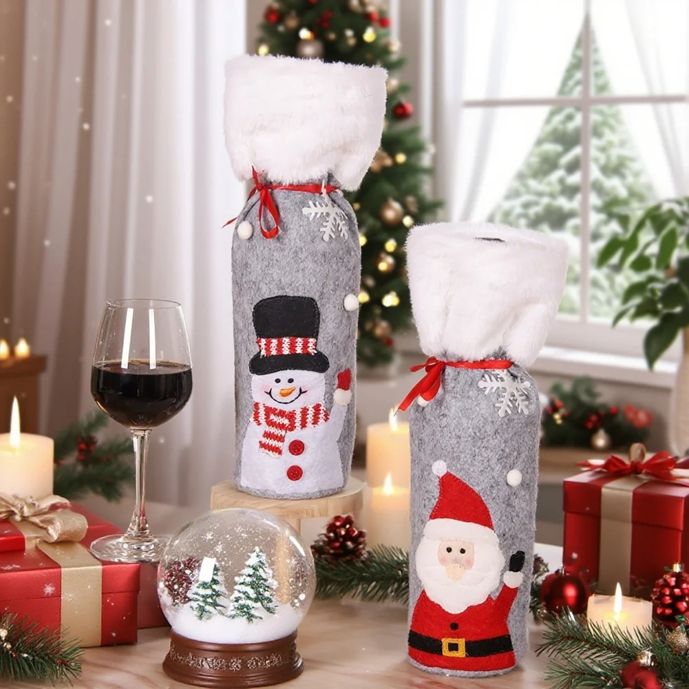 

3Pcs Christmas Wine Bags Plush Cloth Xmas Cute Wine Bottle Decorative Cover With Drawstring Christmas Party Supplies