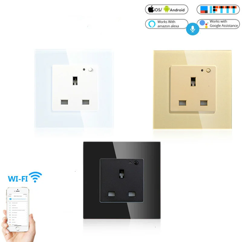 UK WiFi Smart Wall Socket 13A Outlet Glass Panel,Smart Life/Tuya APP Remote Control,Works with Amazon Echo Alexa Google Home