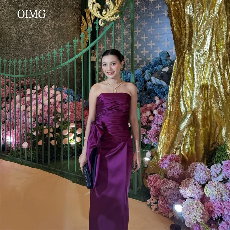 

OIMG Purple Strapless Mermaid Prom Gowns Side Bow Pleated Party Gown Ankle Length Evening Dress vestidos de gala Customized