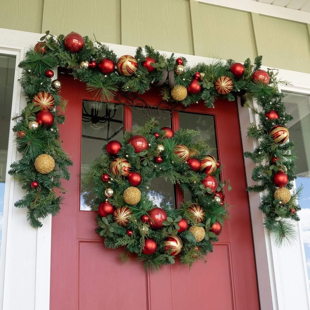 [30 Inch Artificial Christmas Wreath] - Christmas Classic Collection - Red and Gold Decoration - Pre Lit with 50 Warm Clear LED