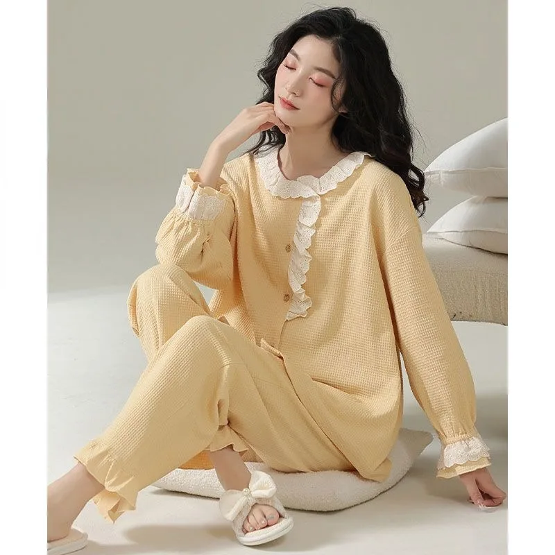 

2023 New Pajama Women Spring Autumn Loungewear Long-sleeved Suit Cotton Loose Plus Size Sleepwear Can Be Worn Outside Homewear
