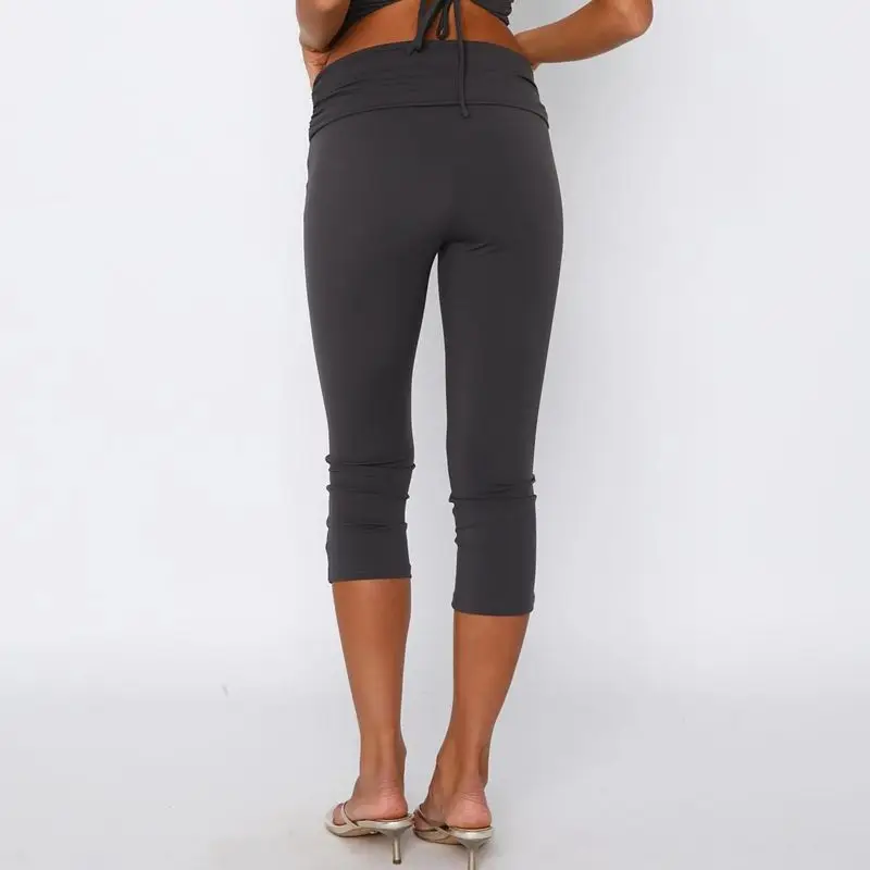 Combhasaki Women Slim Capri Pants Ruched Foldable Elastic Waist 3/4 Length Trousers Solid Color Cropped Leggings Casual Daily