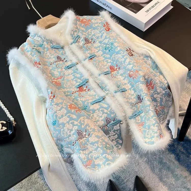 Chinese Embroidered Waistcoat for Women, Female Vintage Vest, Cotton-Padded, Delicate Lady, New, Autumn, Winter, 2026
