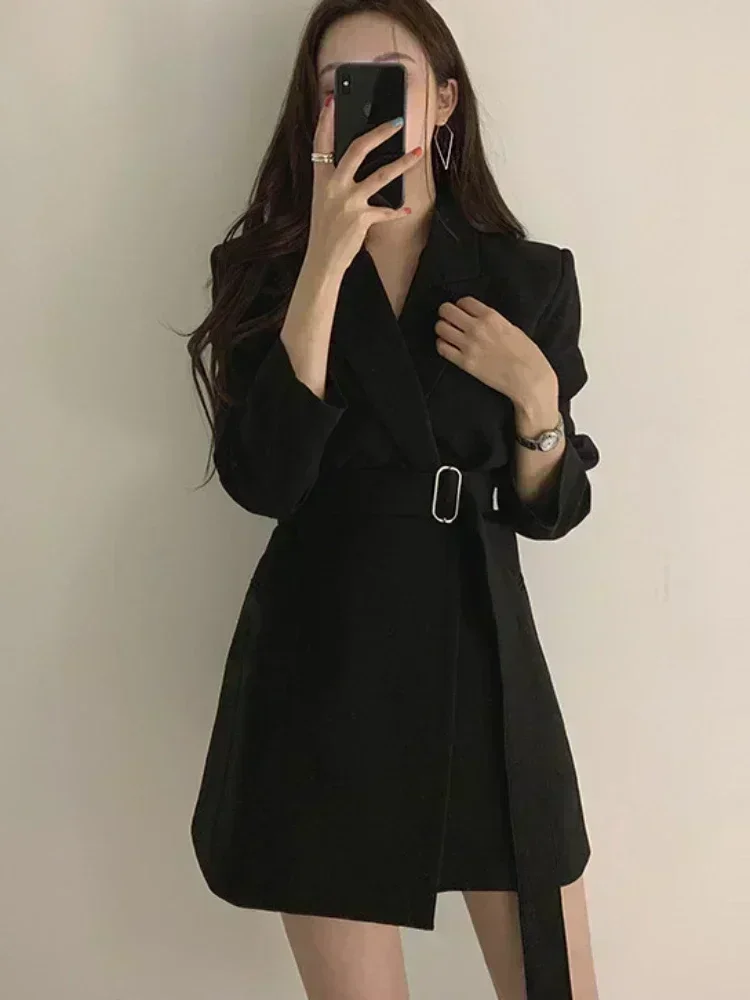 Korean Autumn Office Wear Women's fashion Cropped Blazer Jacket Mid-length Belt Tops Black Blazers for Women Clothing Outerwear