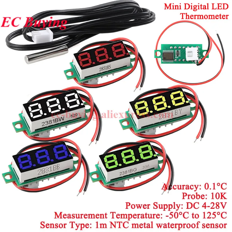 5Pcs/1pc DC 12V 24V Mini Digital Thermometer Module NTC Waterproof Metal Probe for Car Monitor Temperature Range -50 ℃ ~ 80 ℃