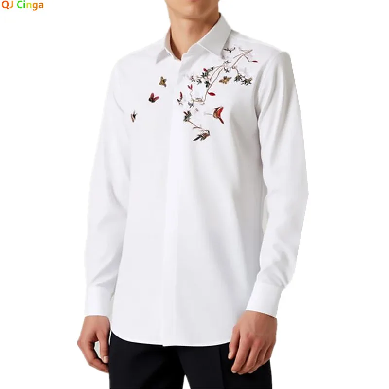 Men's White Long-sleeve Shirt for Spring and Fall, Featuring Embroidered Details, Made From A Cotton-polyester Blend.