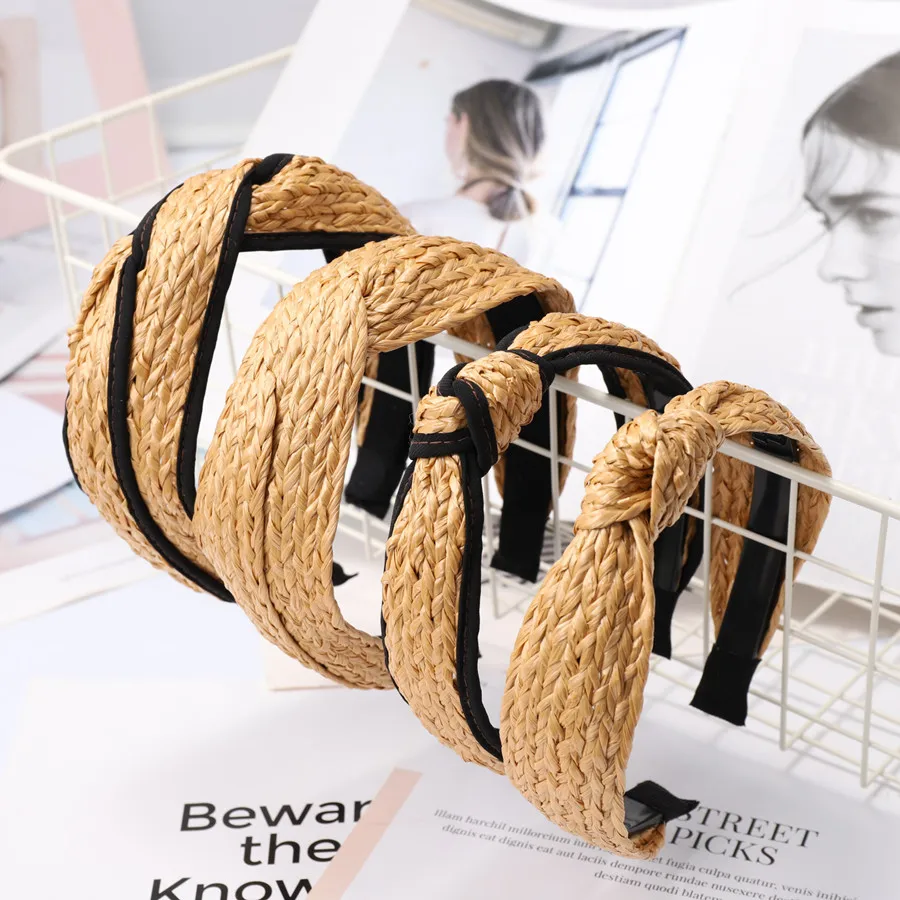 Handmade Weaving Straw Headband Cross Women Summer Headwear Wide Rattan Hairband Knot Outdoor Headdress Hair Hoop Solid