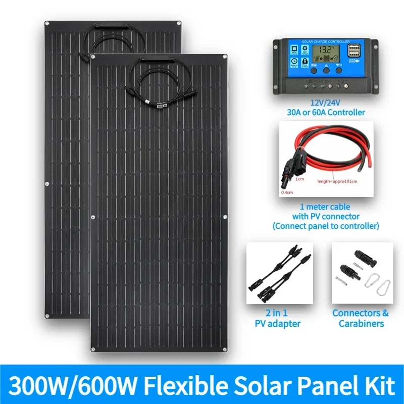 

600W 300W Flexible Solar Panel 18V Battery Charger Dual USB with 30/60A Controller Solar Cells Power Bank for Phone Car Yacht RV