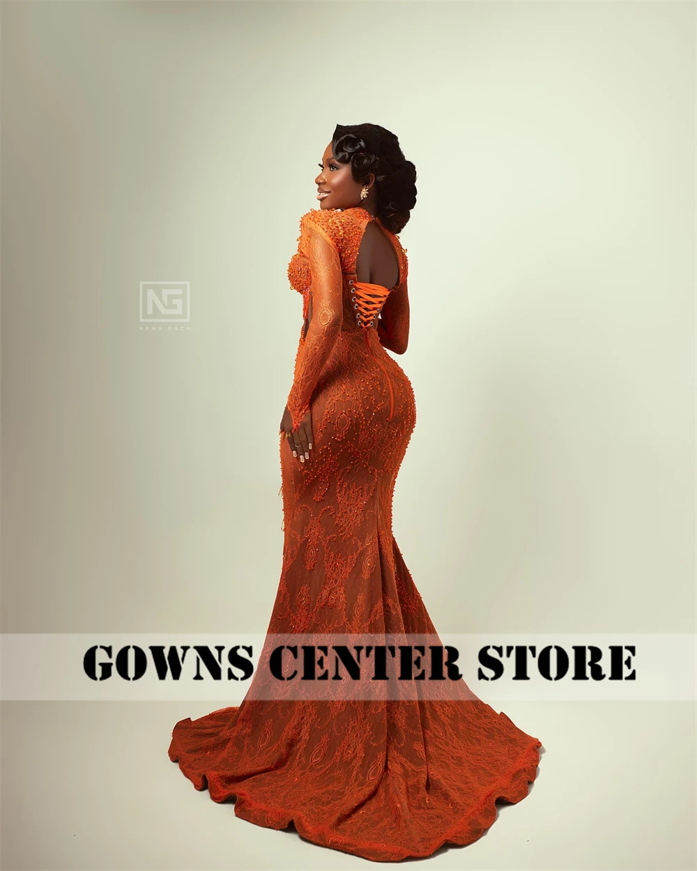 African Orange Lace Aso Ebi Evening Dresses Long Sleeves Backless Beaded Rhinestones Lace-up Mermaid Wedding Party Prom Dress