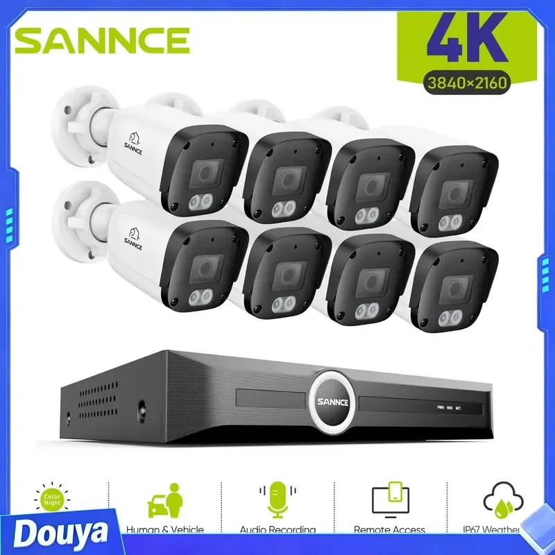 SANNCE 8MP PoE Security Camera Outdoor, IP67 8CH NVR with 2.8mm 4K Bullet Cameras, H.265 Built-in Mic, AI Human Vehicle
