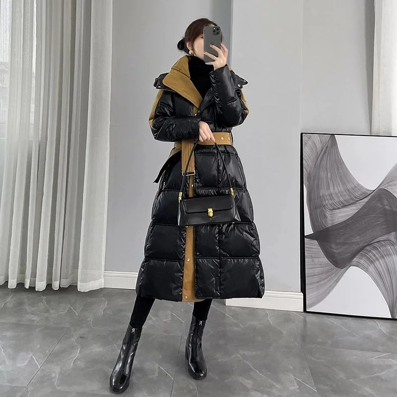 2023autumn Winter Glossy Black Women Long Over-the-knee Down White Duck Down Jacket Women New Women  Stitching Coat Thickened