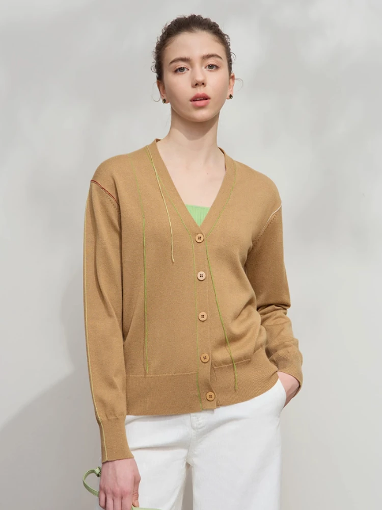 

Amii Minimalism Cardigan for Women 2025 Autumn New Basic V-neck Spliced Knit Sweater Long Sleeve Wool Loose French Tops 12443110