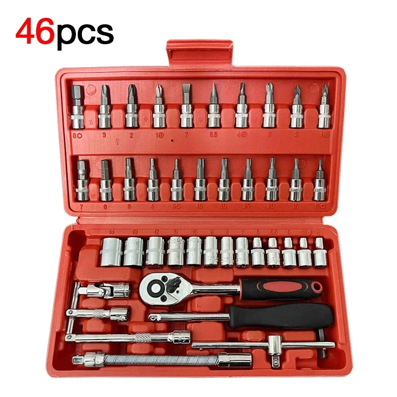 46pcs Car Repair Tool Kit with Case 1/4 Inch Drive Socket Ratchet Torque Wrench Set Screwdriver Bit Quick Spanner Hand Tools