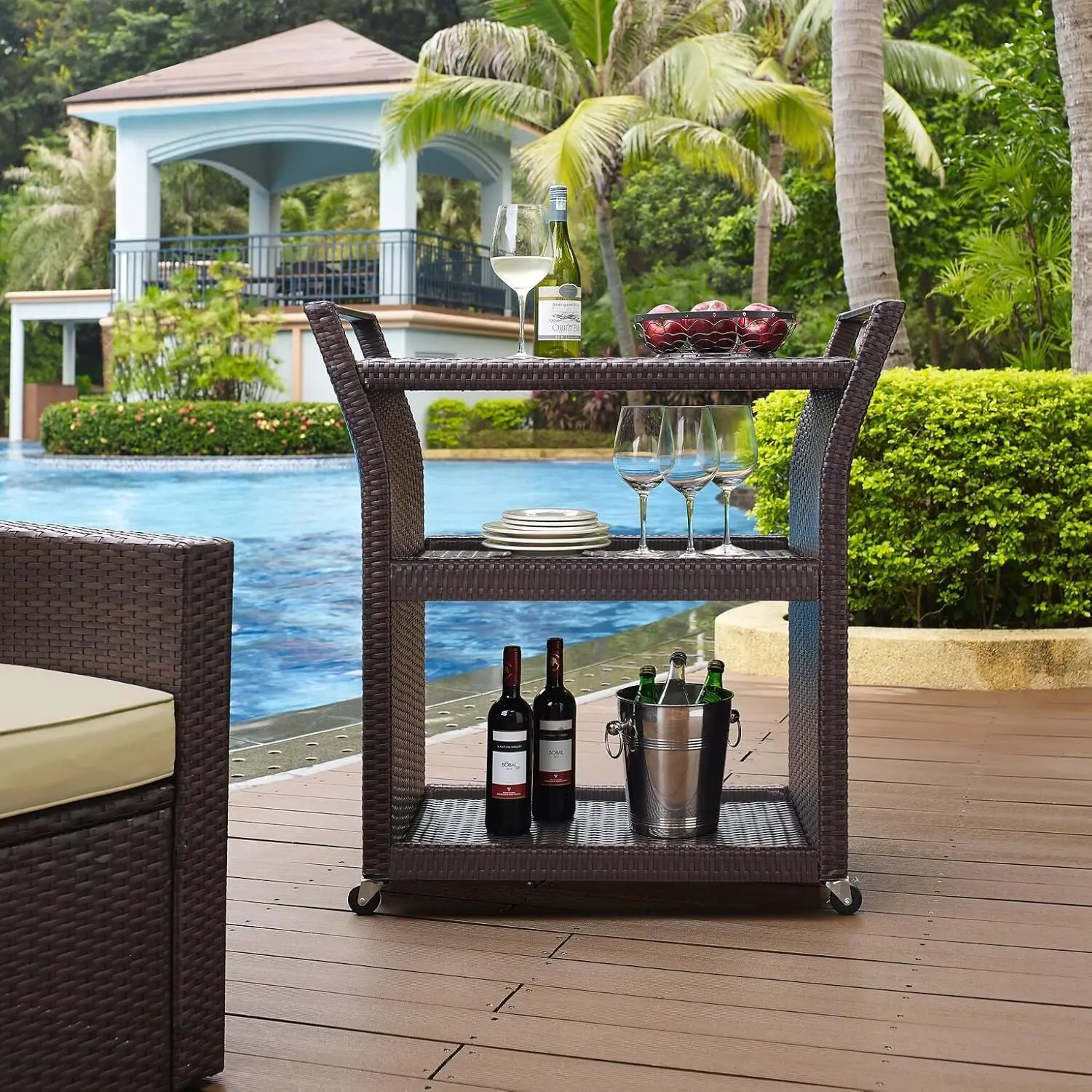 Palm Harbor Outdoor Wicker Rolling Bar Cart - Brown