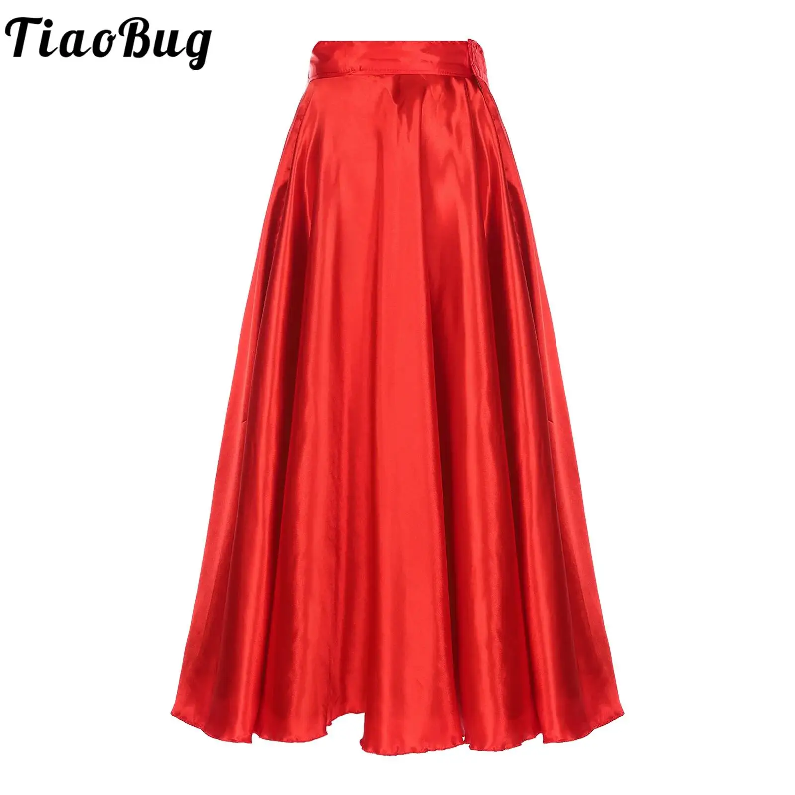 Women Flamenco Ballroom Dance Sheer Chiffon Long Skirts High Waist 360Degree Wide Hemline Ruffled Skirt for Performance Training