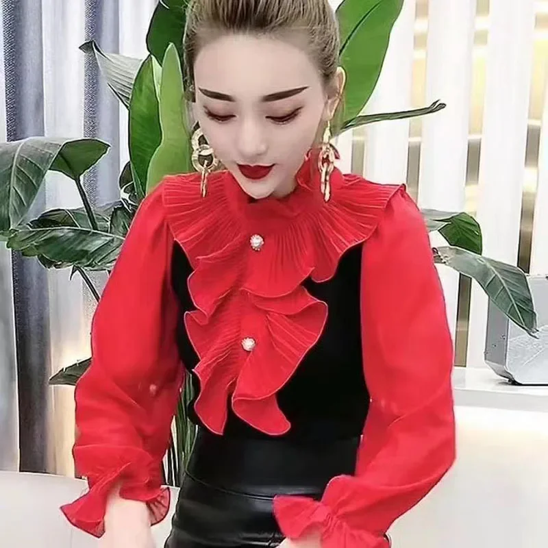 

Fashion Gauze Spliced Beading Ruffles Blouses Women's Clothing 2025 Autumn Winter Elegant Tops Butterfly Sleeve Shirts ZT496