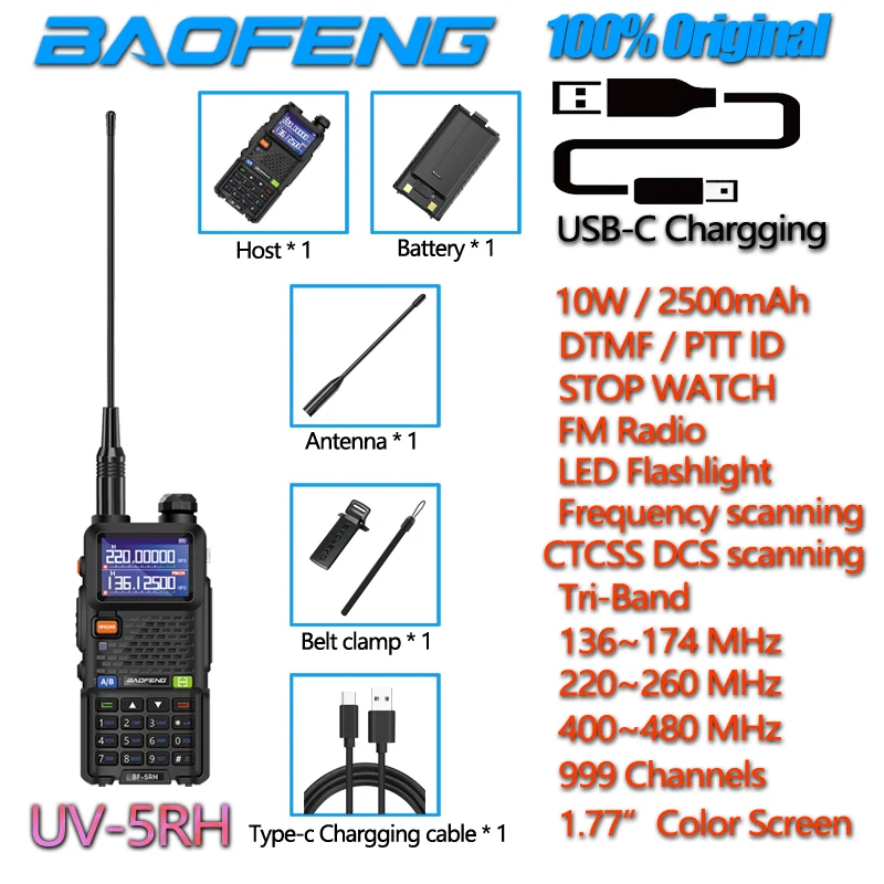 Baofeng Walkie Talkie UV-5RH 10W Wirless Copy Frequency Tri Band 999CH USB-C Type-C Charger Long Range UV5R 17Pro Two Way Radio