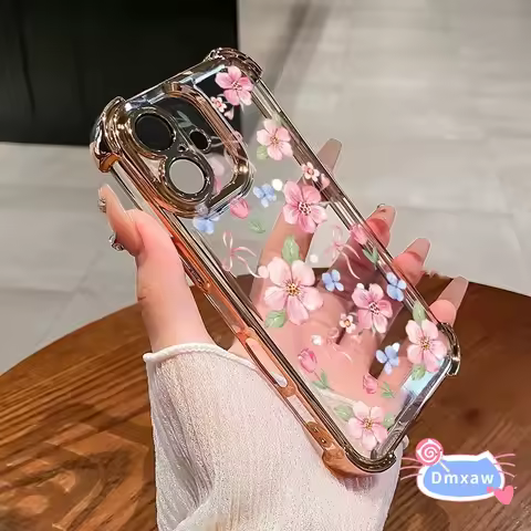 For Samsung Galaxy A07 A06 A26 A23 M56 M32 A22 A20S A13 A11 A71 A70 A73 Phone Case Peach Blossom Flower Plating Back Cover
