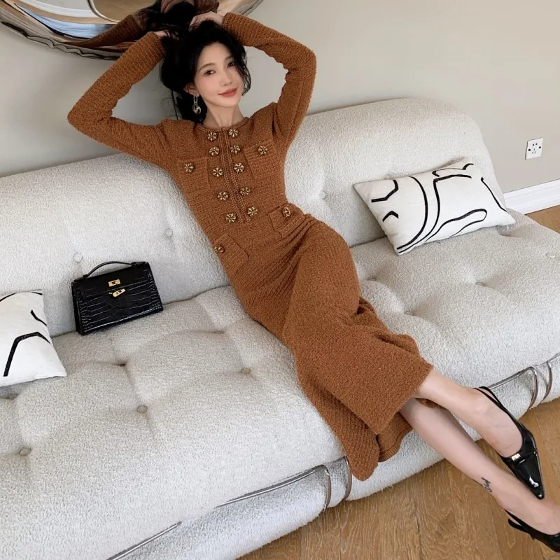 Quality Runway Autumn Winter Beading Diamonds Knitting Sweater Dress Women Long Sleeve Sheath Pencil Prom Evening Dresses Party