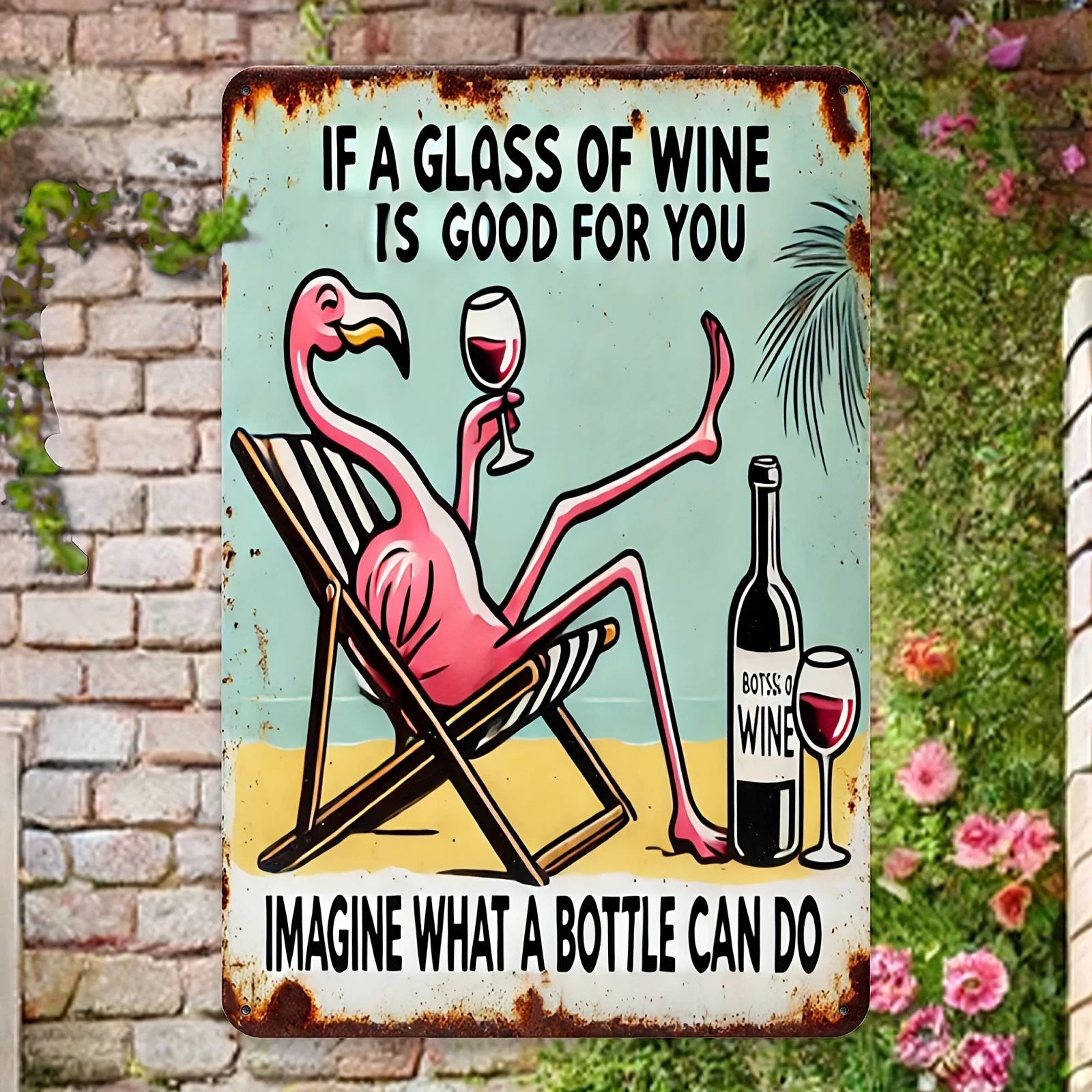 Divertida placa metálica vintage con cita sobre vino de flamencos, decoración de pared