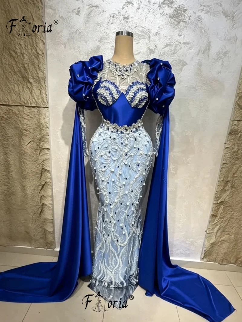 

Floria Dubai Blue Pearls Evening Dress with Long Sleeve Train Crystals Beads Mermaid Formal Party Gown Customized Vestidos noche